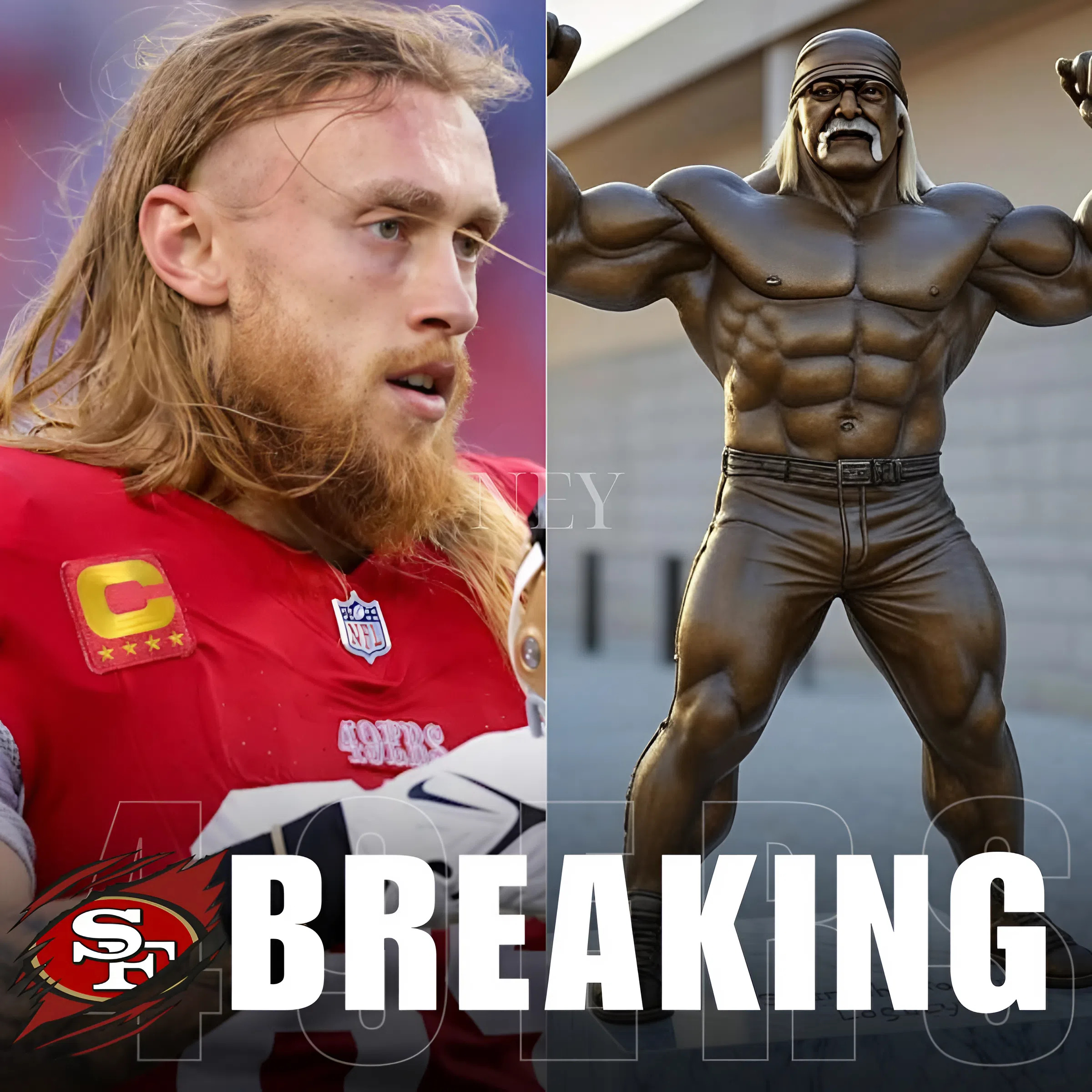 ECHOES IN THE BAY: After news of Hulk Hogan’s passing, 49ers captain George Kittle didn’t join interviews. Instead, he visited the statue that now sits just outside Levi’s Stadium — a tribute unveiled quietly by the team. He laid a pair of gloves beneath it. “That man made me believe muscles could come with morals,” he later posted. “Strength could stand for something more.” In his memory, the Niners designated a quiet tribute space for fans — a shaded bench under the statue where silence speaks, and legacy lives on... - ney